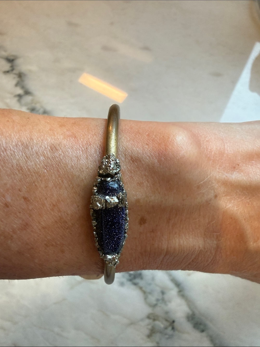 Marley Moretti Elegant Quartz and Pyrite brushed brass Cuff Bracelet